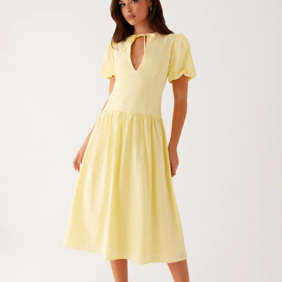 Peppermayo Reyna Butter Yellow Drop Waist Midi Dress Size 14 NWT - Picture 13 of 13